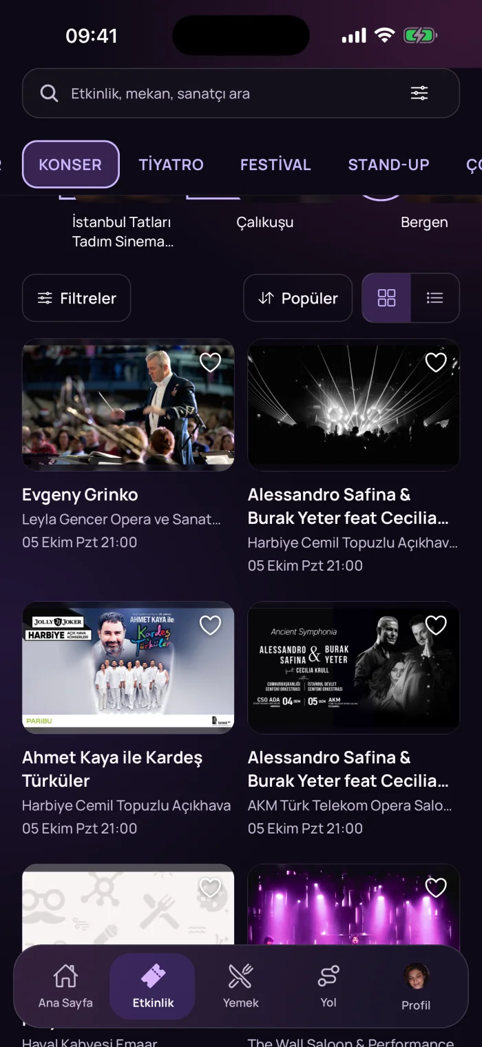 Etkinlik sekmesi, Konser: haftanın ilk 10'u ve konser listesi
